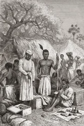 Abdullah Souzi, Jacob Wainright e James Chouma, os três servos do Dr. David Livingstone, fazendo um balanço de seus pertences após sua morte em 1873, ilustração de "O Mundo nas Mãos", gravada por Charles Barbant