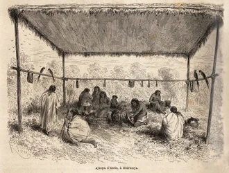 Ajoupa (construção precária de habitações) dos índios Antis, em Biticaraya (Peru), desenho de Riou, ilustrando a viagem do Oceano Pacífico para o Oceano Atlântico