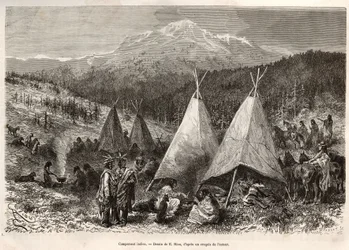 Um acampamento indiano, em território do Utah, nas margens do Riviere Verte. Gravura após o desenho de E.Riou, para ilustrar a história La conquete blanche, de William Hepworth Dixon, em 1875, publicada em "Le tour du monde" 1876, editada por Edouard Chart