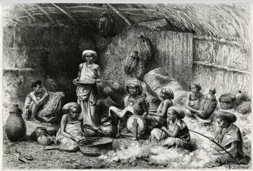 Uma tarde no Sheik dos Gobrons, o favorito das atividades femininas: bordado e fiação de lã, vime e cerâmica. Gravura de Riou, para ilustrar a história "Voyage chez les Benadir, les somalis et les Bayoun", em 1882-1883, de Georges Rev
