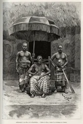 Ardjoumani (falecido em 1892) e seus filhos, rei de Bondoukou (Costa do Marfim). Gravura de Riou, para ilustrar a história "From Niger to the Gulf of Guinee" do capitão Louis Gustave Binger (1856-1936), em 1887-1889, em Le tour du monde, nouveau journal de