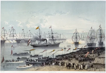 Chegada de Sua Majestade o Imperador da Áustria a Port Said em "Inauguração do Canal de Suez por G. Nicole". 1869