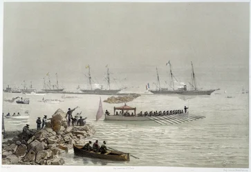 Chegada dos soberanos ao Suez em "Inauguração do Canal do Suez por G. Nicole". 1869