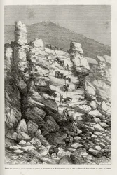 Aspecto das alturas com paredes verticais no planalto Dasoulami e Bobodioulasou (Golfo do Guinee), descrição das técnicas de engate dos montes do comboio de expedição. Gravura de Riou, para ilustrar a história "Do Níger ao Golfo do Gui