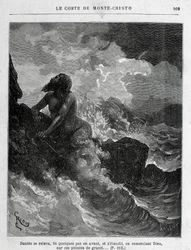 Dantès escapou nadando - Engraving by Riou, in "Le Comte de Monte-Cristo" de A. Dumas, ed. Jules Rouff & Cie