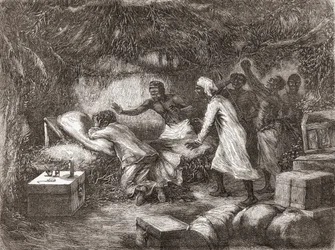 Morte do Dr. Livingstone na vila de Tchitammbo, África, em 1873, ilustração de "The World in the Hands", publicada em 1878