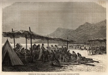 Distribuição de alimentos em Keauhou, após o terremoto e a erupção vulcânica de 1868, para as vítimas da catástrofe, gravada após o desenho de E.Riou, ilustrando a viagem às Ilhas Sandwich, em 1855-1869, de C. de Varigny, publicada em "Le