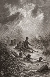 Dr. David Livingstone sendo levado por um pântano por carregadores durante sua expedição à África em 1872, ilustração de "O mundo nas mãos", gravada por Charles Laplante