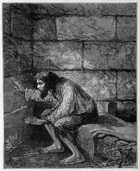 Edmond Dantes, o Conde de Monte Cristo na sua prisão - Gravura de Riou, em "La Comte de Monte-Cristo" de Alexandre Dumas, Rouff & Cie