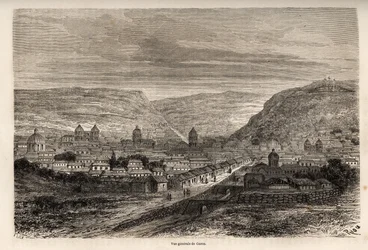 Vista geral de Cusco ou Cusco, antiga capital dos Incas, desenho de Riou, para ilustrar a viagem de Paul Marcoy pela América do Sul de 1848 a 1860. Gravura em "Le tour du monde", editado por Edouard Charton