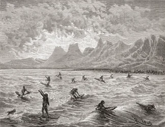 Havaianos surfando, ilustração de &39;O mundo nas mãos&39;, gravada por Charles Barbant (morto em 1922), publicada em 1878 (gravura)