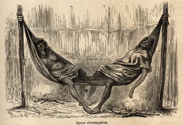 Maridos indianos Chontaquiros do Peru dormindo, em sua rede de noivas, desenhados por Riou para ilustrar a viagem, de 1848 a 1860, de P. Marcoy, do Oceano Pacífico para o Oceano Atlântico. Gravura em "Le tour du monde", editado por Edouard Charton