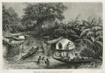 Aldeias Inondes, desenho de Riou, para ilustrar a história de uma viagem ao Gabão e ao rio Ogoue em 1875-1877, de Alfred Marche. Gravura em Le tour du monde