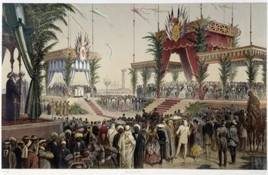La Tribune des souverains em "Inauguração do Canal de Suez por G. Nicole". 1869