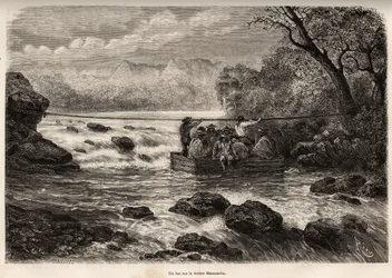 La traversee par le bac de la Riviere Mesacancha (Bas Peru), gravura de E.Riou ilustrando a viagem nas montanhas, o vale de Huarancalqui e as regiões do Pjonal, de 1862 a 1863, de Paul Marcoy, publicada em "Le tour du monde" 1875