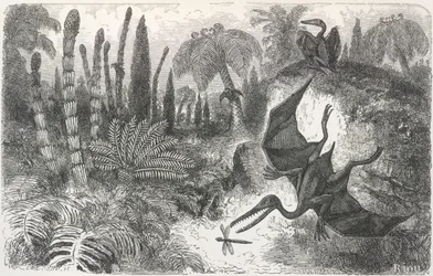 "Paisagem do período liásico". Ilustração representando um pterodáctilo