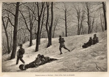 Luges et skaters au plateau du Mont-Royal, perto de Montreal, gravado após um desenho de Riou, ilustrando a excursão ao Canadá e a Riviere Rouge du nord, de H. De Lamotte, em 1873, publicado em "Le tour du monde" 1875, editado por Edouard Charton,