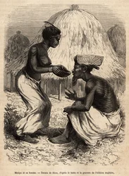 Matipa, um homem indígena que forneceu canoas para a equipe de Livingstone, foi servido bebendo por sua esposa, gravada após um desenho de Riou, ilustrando o último diário de David Livingstone (1813-1873), em 1866-1873, publicado em "Le tour du monde" 1875