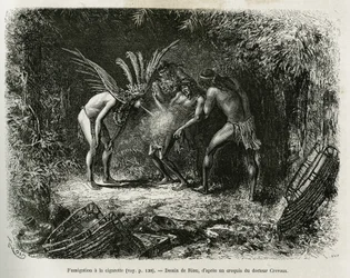 Fumigação médica com cigarros nos índios Roucouyan. Gravura de Riou, para ilustrar a história de Cayenne aux Andes, de Jules Crevaux, médico da marinha francesa, em 1878-1879, publicada no Tour du monde, sob a direção de Edouard Charton.