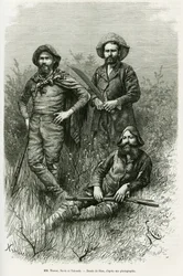 Membros da expedição: Sr. Thouar (alongamento), Sr. Novis (em pé à esquerda) e Sr. Valverde (em pé à direita). Gravado por Riou, para ilustrar a história Voyage dans le Chaco Boreal