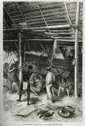 Ataque matinal na cabana do explorador por índios das margens da Amazônia. Gravado por Riou, para ilustrar a história de Cayenne aux Andes, por Jules Crevaux, médico da marinha francesa, em 1878-1879, publicado no Tour du monde, sob a direção de
