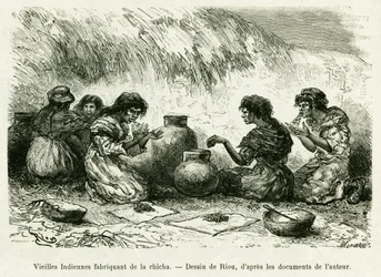 Velhas mulheres indianas a fazer narguilé. Gravado por Riou, para ilustrar a história Voyage dans le delta du Pilcomayo et de Buenos Aires a Sucre