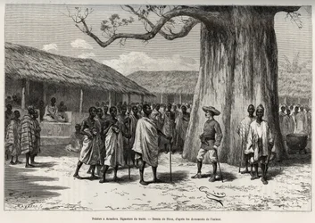 Palabre a Aouabou (Costa do Marfim). Assinatura do acordo comercial na corte de Anno, com um retrato do autor. Gravura de Riou, para ilustrar a história "From Niger to the Gulf of Guinee" do Capitão Louis Gustave Binger (1856-1936), em 1887-1
