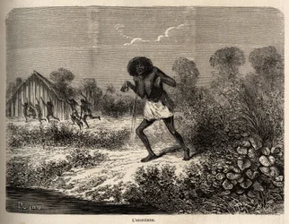 O pânico entre os índios Conibos, que fugiram à chegada da expedição de Paul Marcoy, perto de Tumbaya (Peru), ele próprio vítima de um encantamento maligno de um velho índio, desenhado por Riou para ilustrar a viagem, de 1848 a 1860, de P. Marcoy, a partir