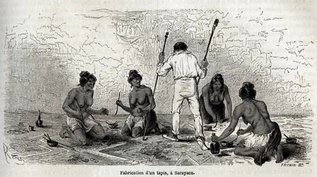 Paul Marcoy aprendeu a fazer um tapete com as viúvas de Sarayacu (Peru), desenho de Riou, para ilustrar a viagem de Paul Marcoy do Oceano Pacífico para o Oceano Atlântico de 1848 a 1860. Gravura em "Le tour du monde", editado por Edouard Charton