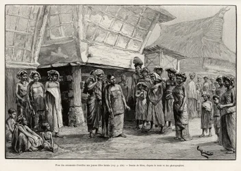 Brincando de ornamentos para as meninas Batak, grupo étnico do norte de Sumatra. Gravura de Riou para ilustrar a história "um ano na Malásia", de Jules Claine (1856-1939)