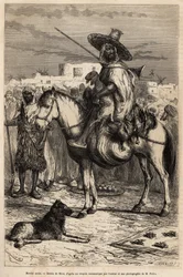 Retrato de um comerciante árabe, trazendo suas mercadorias (cordeiros, aves...) em seu cavalo, no mercado; os produtos são apresentados em cestas ou em tapetes no chão, gravados após um desenho de E. Riou, ilustrando a viagem a Tlemcen (Argélia), de E. de 
