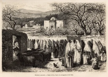 Procissão ao Marabout de Tlemcen (túmulo com cúpula de um homem venerado do Islão), gravada após um desenho de E. Riou, ilustrando a viagem a Tlemcen (Argélia), de E. de Lorral, em 1875, publicado em "Le tour du monde" 1875, editado por Edouard Char