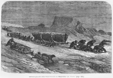 Puxando os trenós no gelo, ilustração de &39;Expedition du Tegetthoff&39; de Julius Prayer (1841-1915) gravada por Henri Theophile Hildibrand (1824-97)