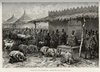 Recepção na naba Sanem, do reino muçulmano (ou Mosse) de Waghadougou (Ouagadougou, Burkina Faso). Gravura de Riou, para ilustrar a história "From Niger to the Gulf of Guinee" do Capitão Louis Gustave Binger (1856-1936), em 1887-1889, em Le tou