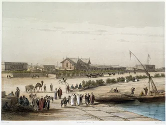 Cena e vista do canal em "Inauguração do Canal de Suez por G. Nicole". 1869