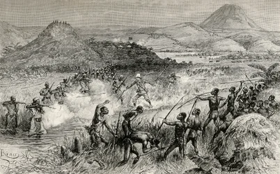 Primeiro encontro de Sir Henry Morton Stanley com o povo Mazamboni, 1890 (gravura em madeira)