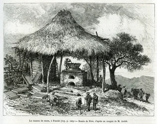O Forno de Açúcar, em Panche (Colômbia), desenho de Riou, para ilustrar a história da América Equinoxiale (Colômbia, Equador, Peru), em 1875-1876, de Ed. andre, encarregado de missão de viajantes pelo governo francês. Gravura em Le tour du monde