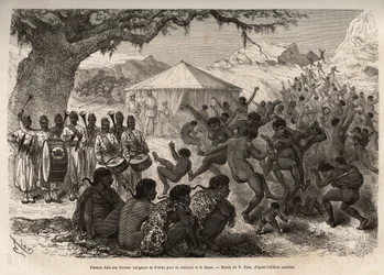 A banda da expedição atrai as mulheres e crianças da aldeia de Fatiko (República Centro-Africana) e provoca uma perda apaixonada da dança, gravada após um desenho de E.Riou ilustrando uma expedição na África Central, para a supressão de