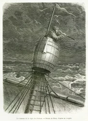 O barril do relógio do barco Provado, desenho de Riou, para ilustrar a história do Professor Nils Adolf Erik (Eric) Baron Nordenskjold (Nordenskiold) (1832-1901): Expedição polar sueca, em 1875. Gravura em Le tour du monde