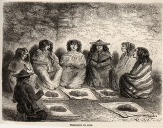 A mastigação de gunapo, mas germina, para a fabricação de chicha a Comtapata, herança da técnica de fermentação dos antigos índios Aymaras do Alto Peru, desenhada por Riou, para ilustrar a viagem pela América do Sul, de 1848 a 1860 por Pa