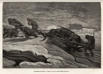 A tripulação do navio La Germania, descendo no gelo para uma caça de caça, procedeu ao reboque do seu trenó no gelo, à medida que o sol se punha, gravando após o desenho de E.Riou, ilustrando uma viagem ao Pólo Norte em 1869-1870, pelo capitão do navio La