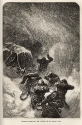 A tripulação do navio La Germania, descendo no gelo para uma caça de caça, foi surpreendida por uma tempestade de neve durante o reboque do trenó contendo seu material, gravada após o desenho de E.Riou, ilustrando uma viagem para o Pólo Norte em 1869-1870 