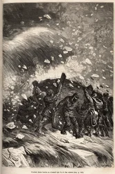 O barco da tripulação é apanhado numa terrível tentação, os homens sem cordas e garras seguram o barco à força dos braços, gravados após um desenho de E.Riou, ilustrando a história da Polaris, balsa de gelo, do Tenente Tyson, em 1870-1873, publicar