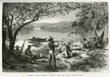 O acampamento dos exploradores, na confluência do Orenoque e do rio Cabullero. Gravura de Riou, para ilustrar a viagem de exploração por Nova Granada e Venezuela, do Dr. Crevaux, médico de primeira classe da marinha e E.Lejeanne, farmacêutico marinho.
