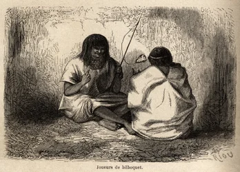 O jogo do bilboquete, com cabeça de tartaruga, entre os índios Conibos do Peru, desenhado por Riou para ilustrar a viagem, de 1848 a 1860, de P. Marcoy, do Oceano Pacífico para o Oceano Atlântico. Gravura em "Le tour du monde", editado por Edoua
