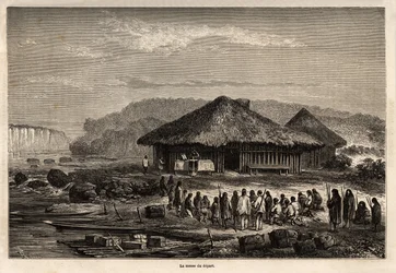 A missa da partida em Echarati (Peru), assistida pelos nativos convertidos, desenhada por Riou, ilustrando a viagem de Paul Marcoy do Oceano Pacífico para o Oceano Atlântico de 1848 a 1860. Gravura em "Le tour du monde", editado por Edouard Chart