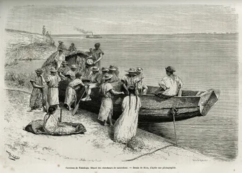 O início dos pesquisadores da borracha, nas proximidades de Tabatinga (região do alto Amazonas). Gravura de Riou, para ilustrar a história de Cayenne aux Andes, de Jules Crevaux, médico da marinha francesa, em 1878-1879, publicada no Tour du monde, sob a d