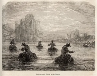 A pesca do suchi (pequeno peixe marrom das espécies de peixes-gato) no lago de Villafro, perto da aldeia de Cailloma, os índios um califourchon em fardos de capim atraem peixes com vilarejos de carne, gravados por E.Riou ilustrando a viagem nas montanhas,