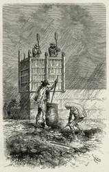 O tapial, uma antiga técnica de construção de paredes de barro com cofragem de madeira, compactadas por apiloamento e secas pelo sol, gravura de Riou para ilustrar o relato L