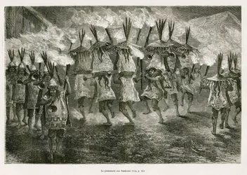 A lanterna caminha pelas ruas de San José, desenhada por E.Riou, para ilustrar a viagem na região de Titicaca e nos vales do leste do Baixo Peru, em 1873 por Paul Marcoy. Gravura em Le tour du monde